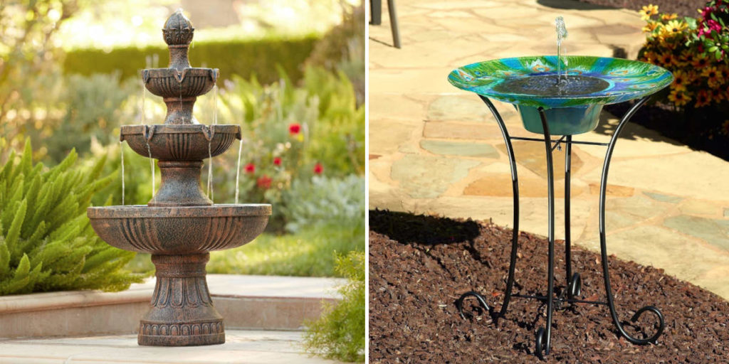 outdoor floor fountains featured - A tiered fountain and a solar bird bath fountain