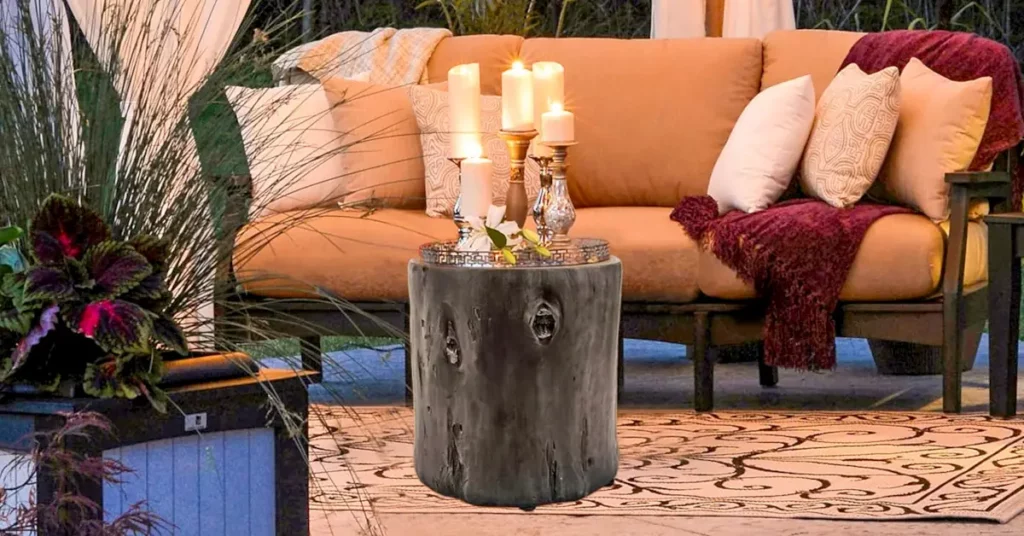 A wooden garden stool like a tree stump The Cost of a Wood in front of a patio soda. Garden Stool Will Surprise You